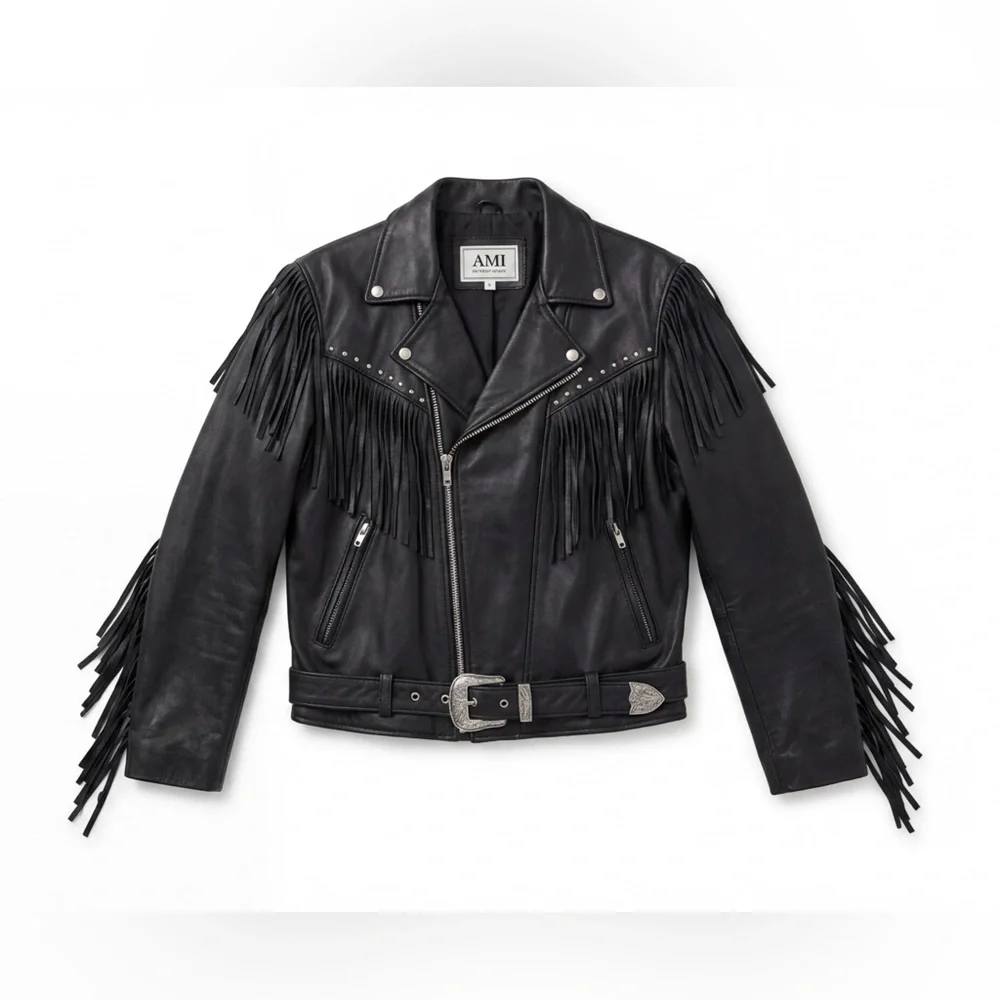 Vintage AMI London Fringe‎ Leather Jacket Studded Western Cowgirl Biker Rocker-L